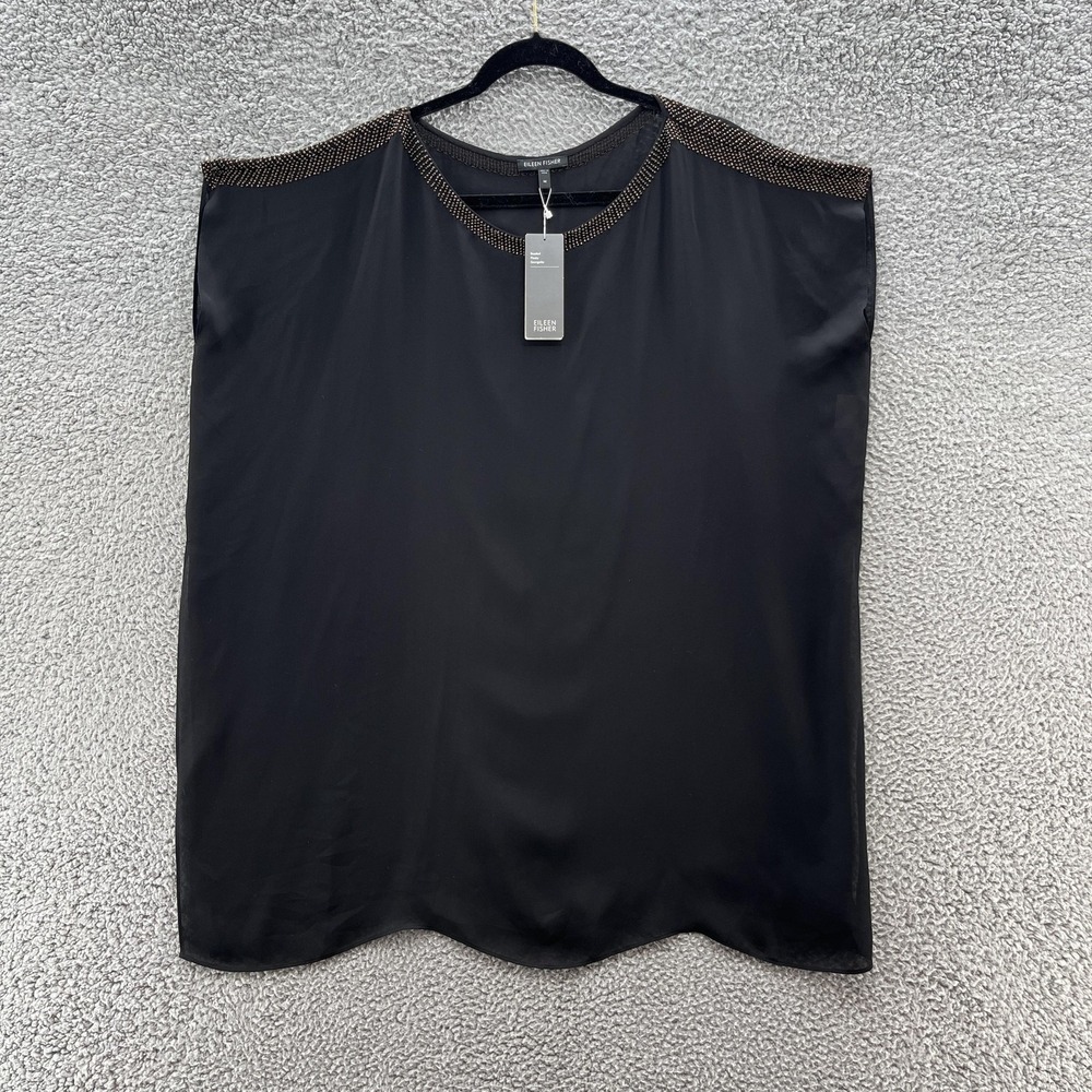 Eileen Fisher Top Womens Medium Black Beaded Flowy Silk Georgette Sheer Tunic